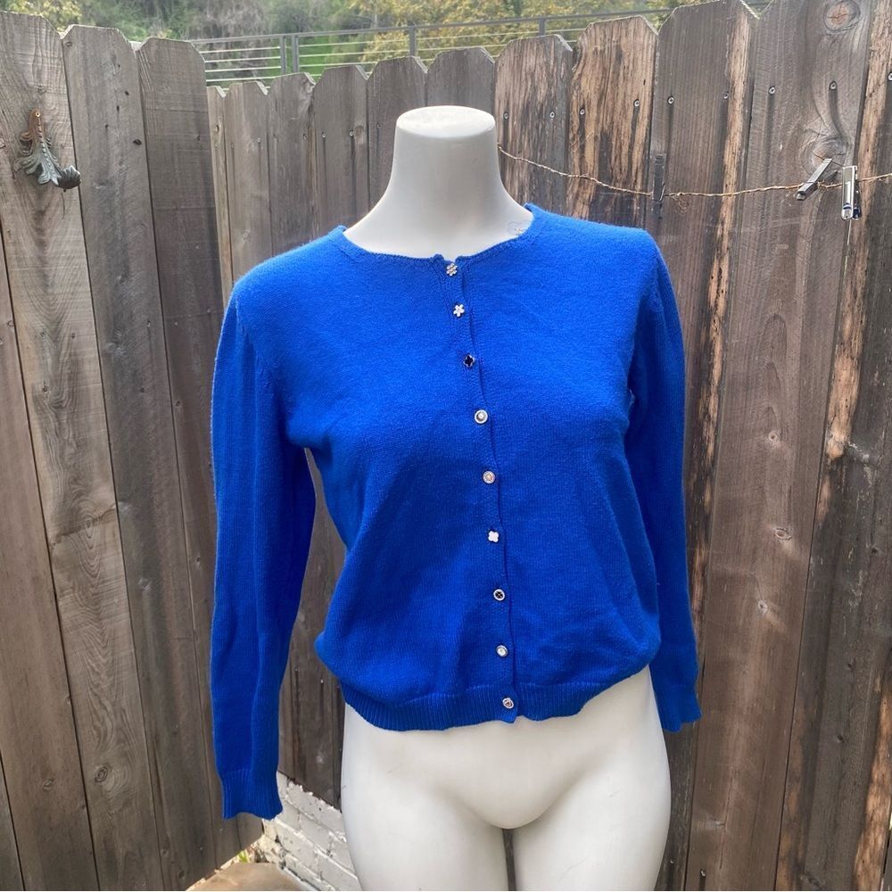 Chanon Royal Blue cardigan with floral buttons